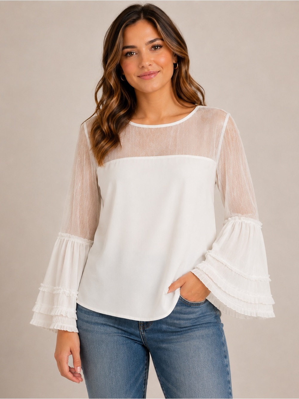 Ina blouse featuring a delicate mesh yoke and tiered bell sleeves. SIZE M